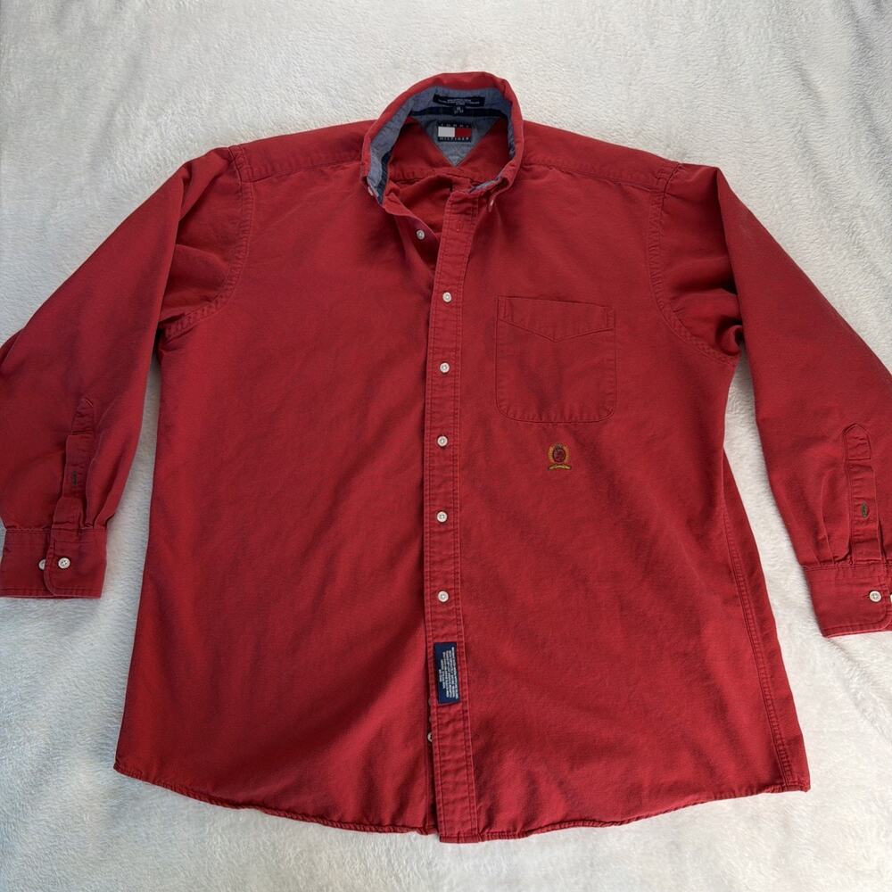 Vintage Tommy Hilfiger Red Button Up Long Sleeve 16- 32/33 Men L Embroidered